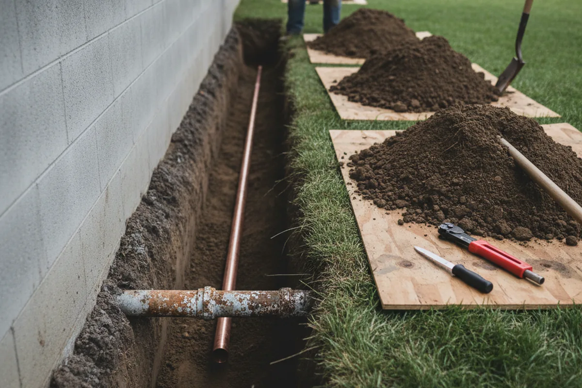 Excavated water line trench during Sewer Line Repair in Bunn